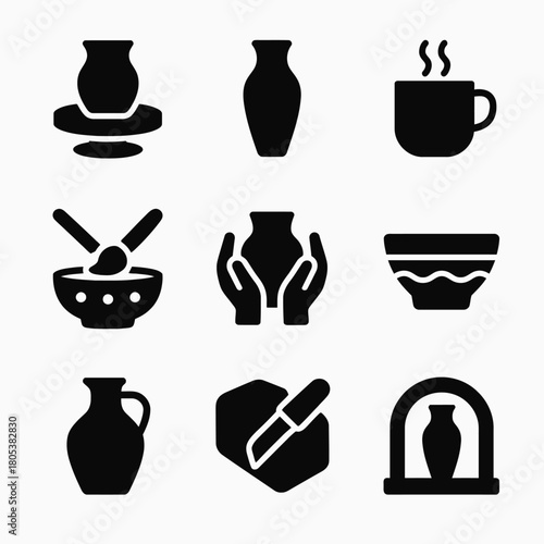 Collection of pottery and kitchenware icons featuring vases, bowls, and mugs