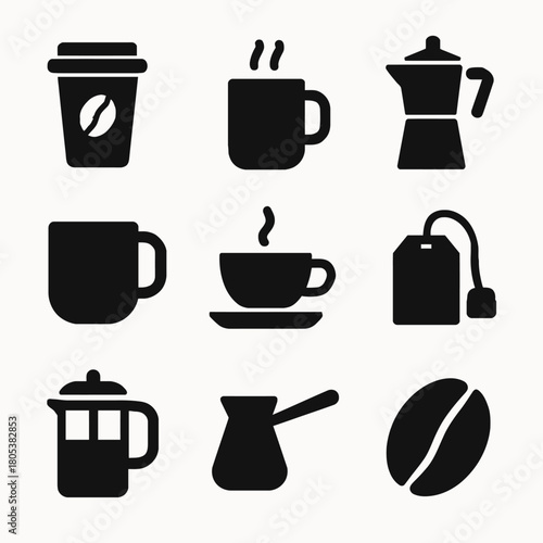 Collection of coffee and tea icons featuring cups, pots, and beans