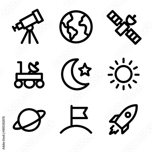 Space exploration icons set: telescope, satellite, rocket, earth, moon, planet, sun, flag, rover