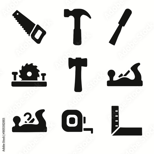 Collection of black silhouette hand tool icons for carpentry and woodworking