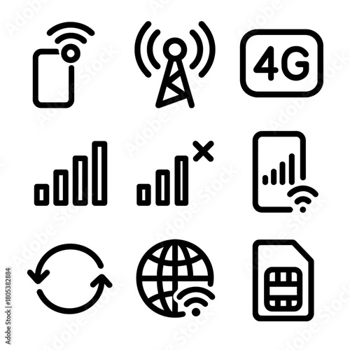 Wireless network icons: signal, 4g, antenna, connectivity symbols