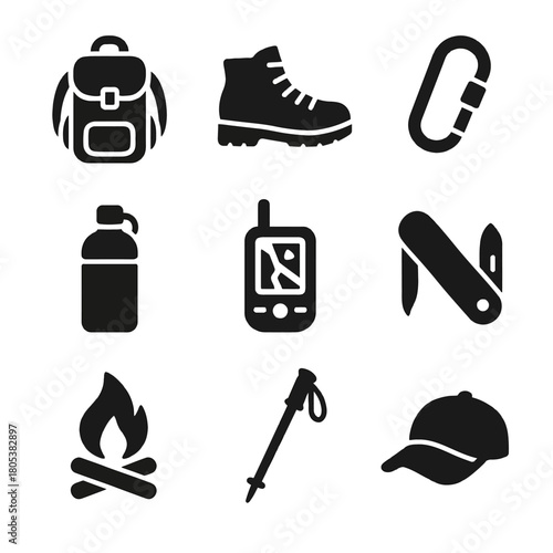 Camping gear icons: backpack, boot, carabiner, bottle, gps, knife, fire, trekking pole, cap