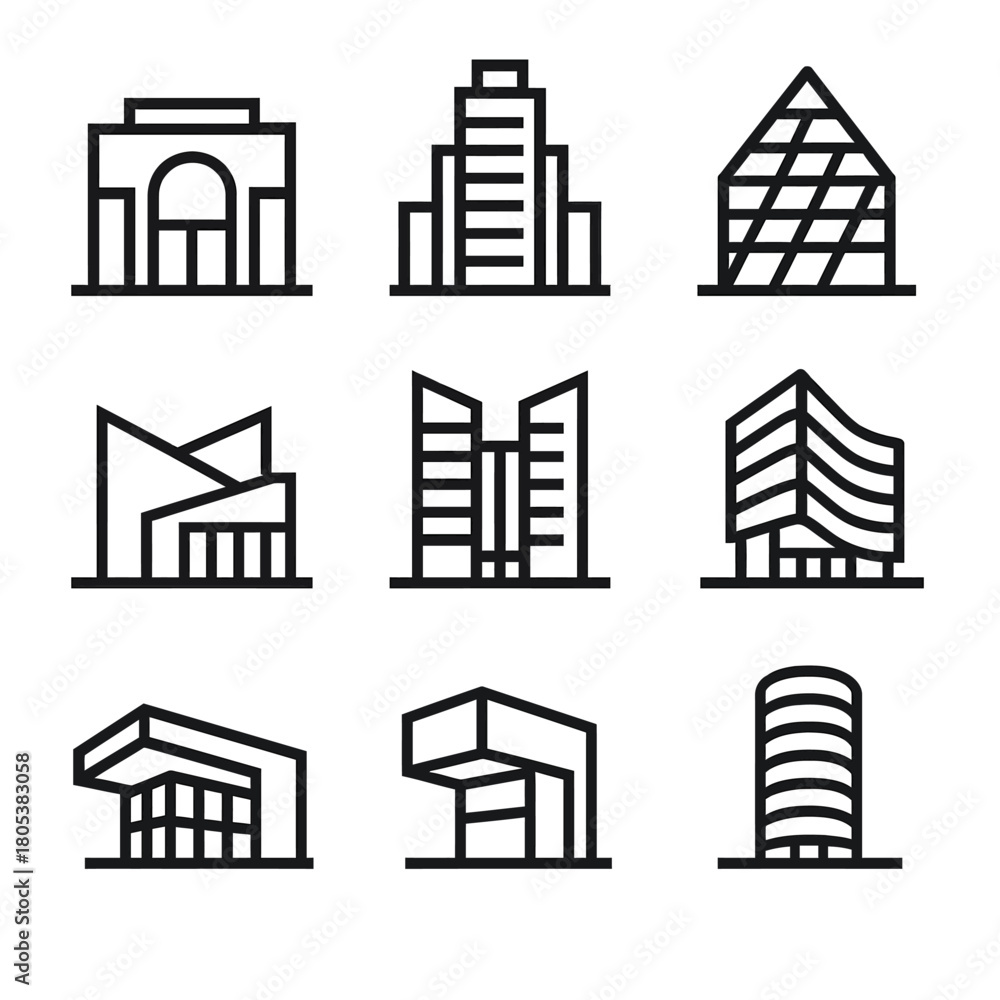 Fototapeta premium Collection of nine modern architectural building icons in minimalist line art style