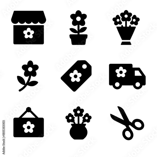 Black flower shop icons set: pot, vase, delivery, price tag, scissors