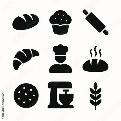 Baking icons: bread, muffin, rolling pin, croissant, cookie, chef, mixer, wheat