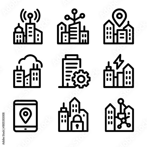 City icon set: technology and urban connectivity illustrations