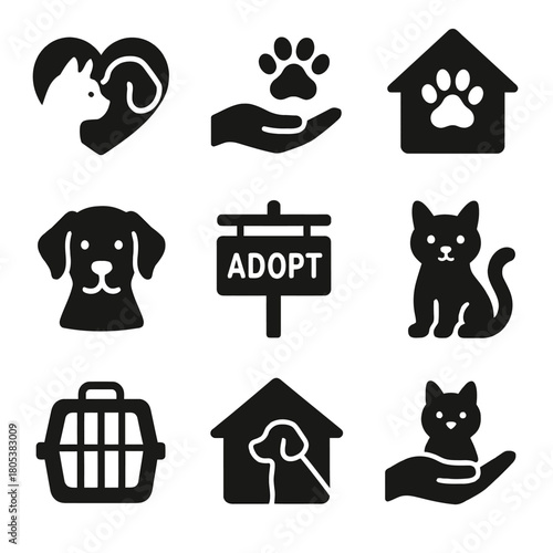 Pet adoption icons with dogs, cats, and paw prints in black and white