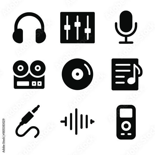 Audio equipment icons set: headphones, mixer, microphone, tape reel, vinyl, music note, cable, sound wave, player