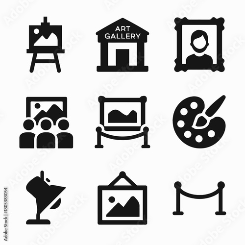 Art gallery icons set: easel, frame, palette, exhibition symbols