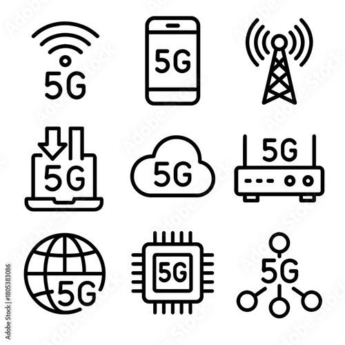 5g technology icons: network, devices, and connectivity symbols
