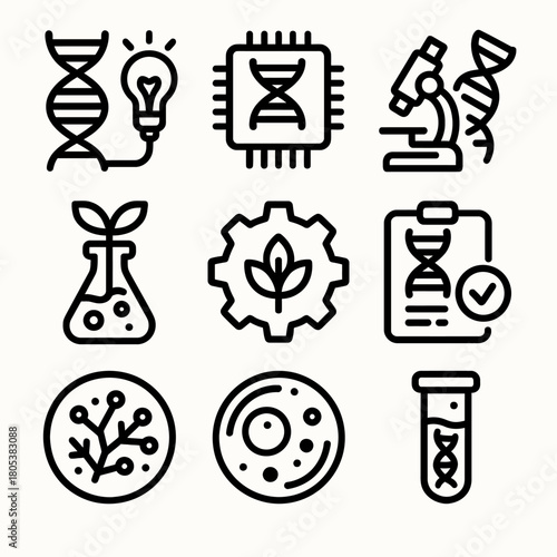 Genetic science icons: dna, microscope, lab flask, growth, technology