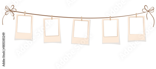 Set of blank photo frames with copy space on white background. Vector mockups of instant photos hung on rope with wooden clothespins. Horizontal banner with several retro photos, Photo template.