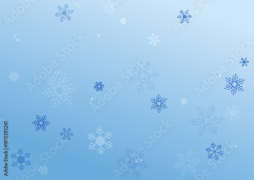 Winter horizontal banner with falling blue and white snowflakes. Calm A4 vector background with copy space. Snowfalls of varying shapes and transparency. Snowfall frosty morning. Delicate blue tones.
