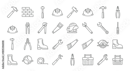 A collection of line art icons representing various tools and safety equipment for construction and DIY projects