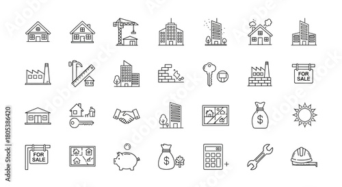 Collection of real estate and construction outline icons