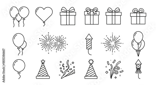 A collection of black line art icons depicting celebratory elements such as balloons and gifts