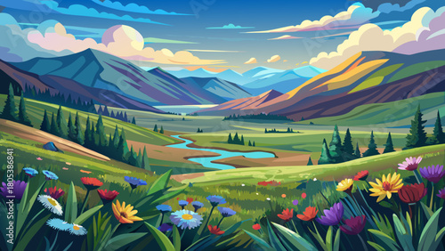 Very beautiful serene valley scene at Valles Caldera National Preserve, featuring open grasslands filled with colorful wildflowers, gentle rolling hills, and soft clouds drifting across a peaceful sky