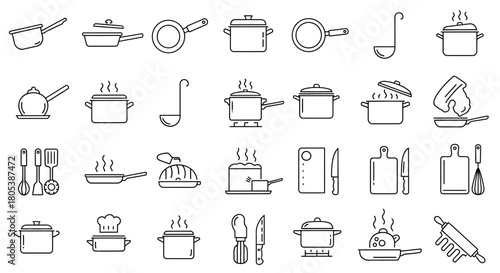 A collection of line-art icons depicting various kitchenware items and cooking utensils