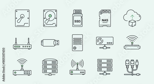 Icons representing computer hardware and networking devices