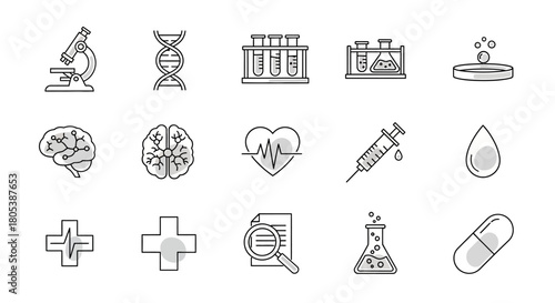 Science and medical research icons microscope, DNA, test tubes, brain, heart, syringe, drop, plus, document, flask, capsule
