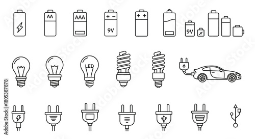 Electric energy icons batteries, bulbs, plugs, and electric car