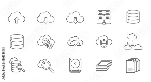 Collection of simple line icons depicting cloud computing, data storage, and network infrastructure elements