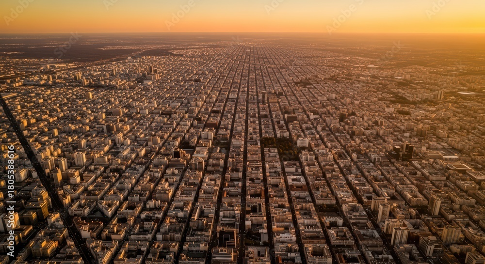 Fototapeta premium Vast sunset cityscape of dense urban architecture with orange sky horizon view