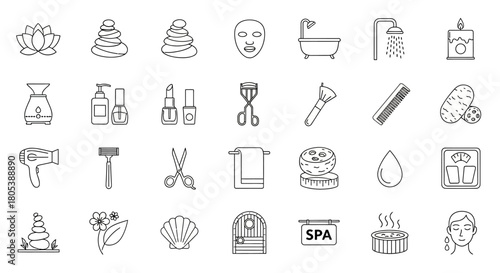 A clean, modern, minimalist line icon set of spa and beauty items, black thin outline only.