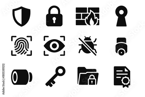 Scan eye cybersecurity folder certificate key cable fingerprint tunnel vector icon grid