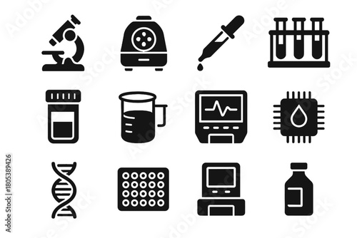 Computer laboratory rack beaker set helix vector sample container icon test microscope