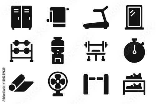 Locker gym vector treadmill set press water timer towel bench icon dumbbell