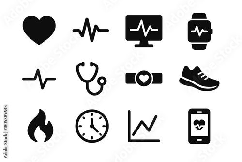 Screen heart time vector monitoring line chest pulse smartwatch heartbeat icon icons