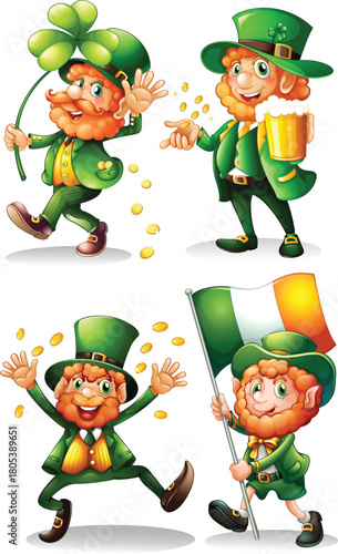 A collection of four cartoon leprechauns celebrating St. Patrick's Day with a shamrock, beer, gold coins, and an Irish flag.