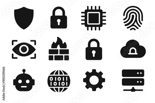 Set lock ai fingerprint firewall scan chip vector cybersecurity binary shield icon