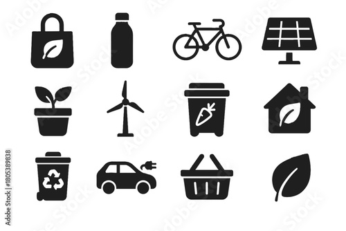 Bicycle icon house bottle leaf bin living vector car eco pot icons