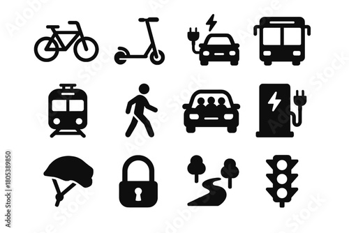 Green helmet icon scooter charging station vector train transport electric carpool car