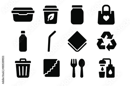 Station icons bin utensils metal container zero icon refill vector reusable waste