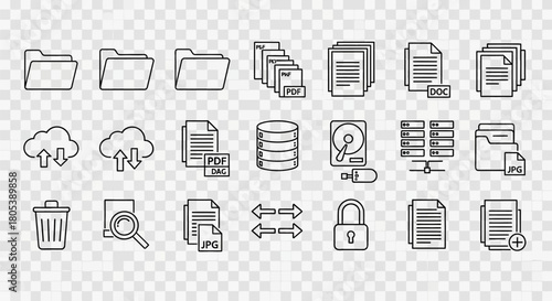 A collection of black and white vector icons representing digital data and file management, such as folders, clouds, documents, and storage devices
