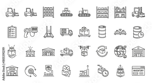 A collection of line art icons representing various aspects of logistics, shipping, and inventory management