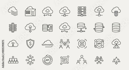 Collection of line art icons representing cloud computing, data, and networking concepts