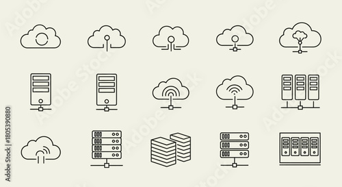 Icons depict various cloud and server configurations, representing data storage and connectivity