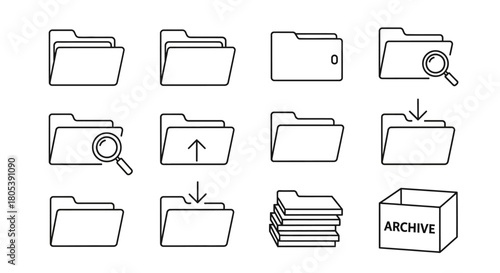 Collection of folder icons with search, upload, download, and archive options