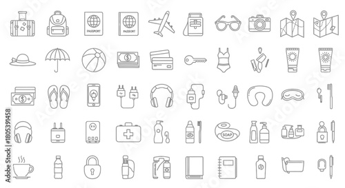 A collection of travel-related icons in a simple line art style