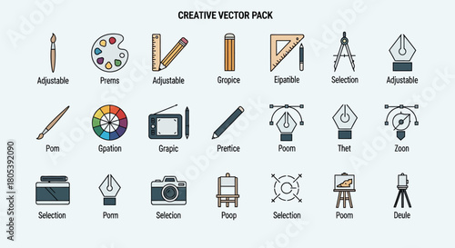 A collection of graphic design icons, including art tools, digital drawing equipment, and creative symbols