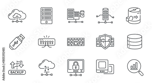 Collection of minimalist line art icons representing digital data storage and security concepts
