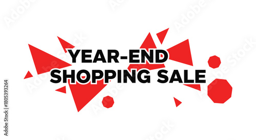 A graphic design announces a year-end shopping sale with abstract red shapes.