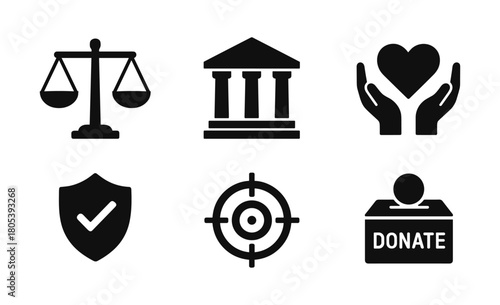 Essential charity and justice icons set for social causes