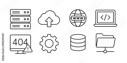 Modern technology icons set: cloud, server, coding, internet, and error symbols