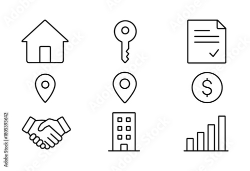 Real estate and business essentials icon set: home, key, contract, location, handshake, office, growth chart