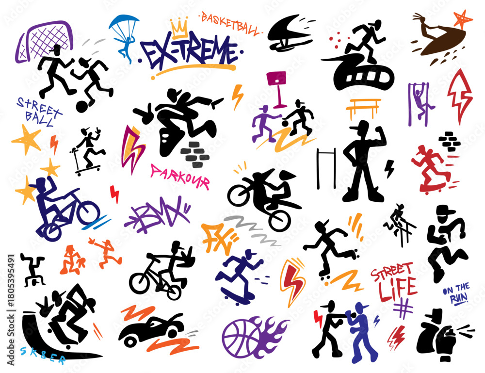 Fototapeta premium Sport extreme street style vector icon set , graphic design element 